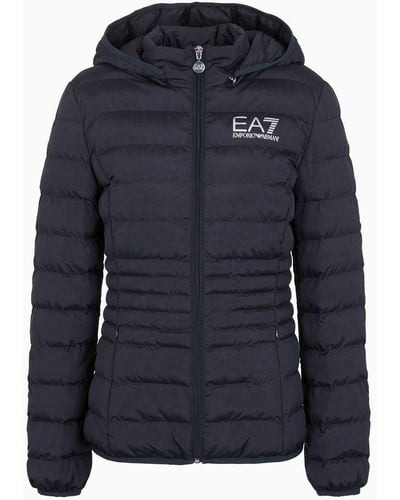 EA7 Core Lady Recycled Technical Fabric Padded Hooded Jacket - Blue