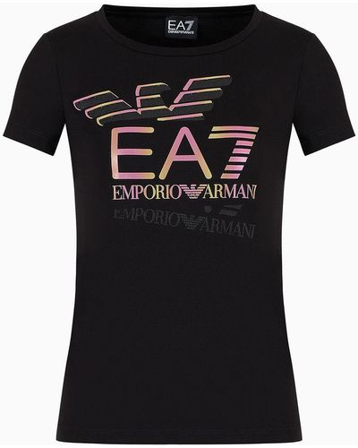 EA7 Logo Series Crossover-t-shirt Aus Baumwollstretch Mit Rundhalsausschnitt - Schwarz