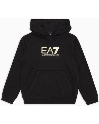 EA7 Logo Series Boy Hooded Cotton Sweatshirt - Black