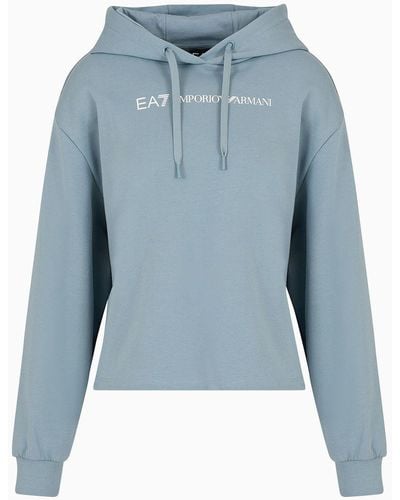 EA7 Cropped Baumwoll-sweatshirt Shiny Mit Kapuze - Blau