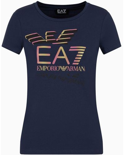 EA7 Logo Series Crossover-t-shirt Aus Baumwollstretch Mit Rundhalsausschnitt - Blau