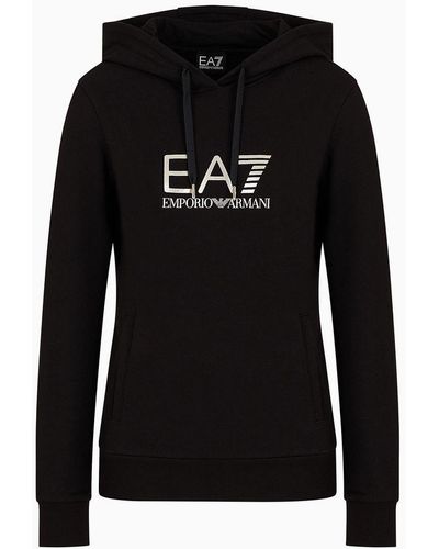 EA7 Shiny Stretch-cotton Hooded Sweatshirt - Black