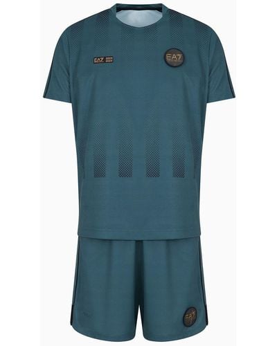 EA7 Soccer T-shirt And Shorts Set In Ventus7 Technical Fabric - Blue