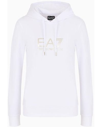 EA7 Shiny Stretch-cotton Hooded Sweatshirt - White