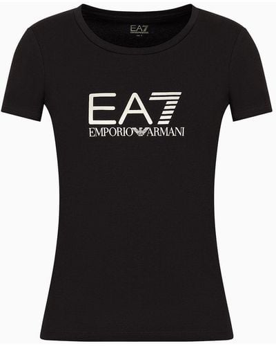 EA7 Shiny T-shirt Aus Baumwollstretch - Schwarz