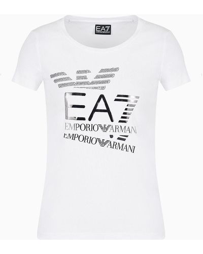 EA7 Logo Series T-shirt Mit Rundhalsausschnitt Aus Baumwollstretch - Weiß