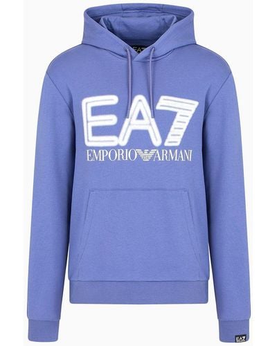 EA7 Logo Series Sweatshirt Aus Baumwolle Mit Kapuze - Blau
