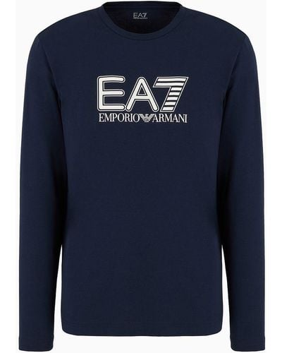 EA7 T-shirt Girocollo A Maniche Lunghe Visibility In Cotone Stretch - Blu