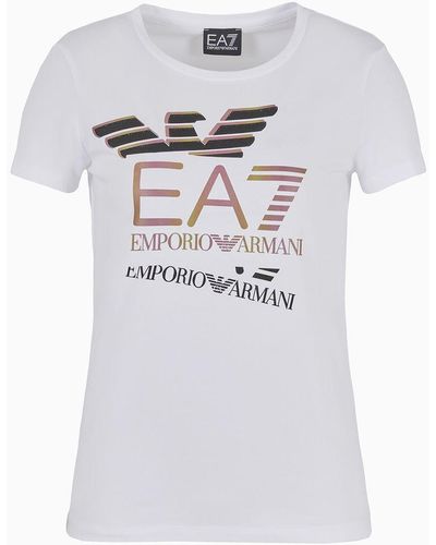EA7 Logo Series Crossover-t-shirt Aus Baumwollstretch Mit Rundhalsausschnitt - Weiß