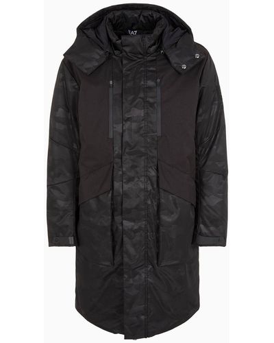 EA7 Hooded Pea Coat In Camouflage Nylon Asv - Black