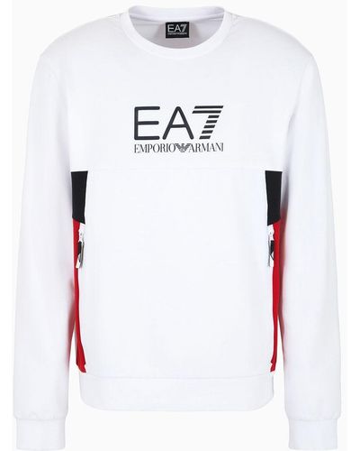 EA7 Summer Block Crew-neck Sweatshirt In A Recycled Cotton Blend - White