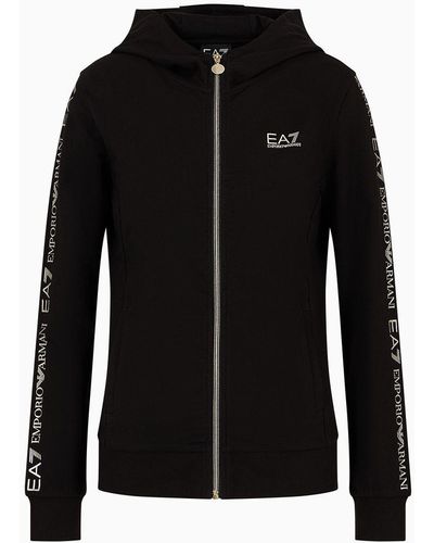 EA7 Shiny Stretch-cotton Hooded Sweatshirt - Black