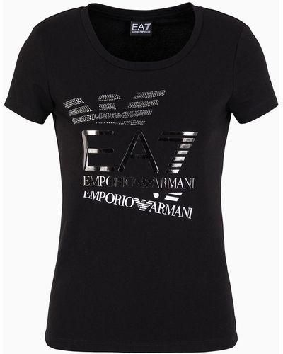 EA7 Logo Series T-shirt Mit Rundhalsausschnitt Aus Baumwollstretch - Schwarz