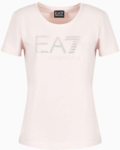 EA7 Logo Series T-shirt Aus Baumwollstretch Mit Strass-logo - Pink