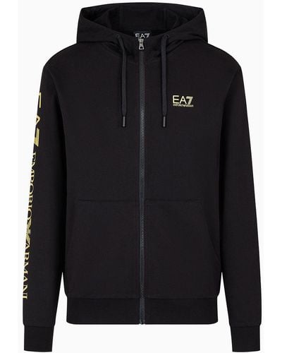 EA7 Logo Series Hooded Cotton Sweatshirt - Black