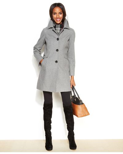 London Fog Petite Single-Breasted Wool-Blend Coat With Scarf - Gray