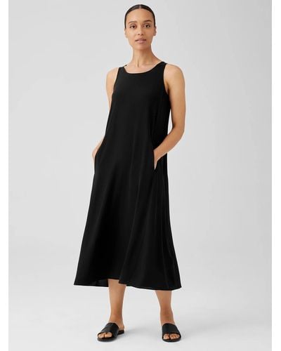 Eileen Fisher Silk Georgette Crepe Scoop Neck Dress - Black