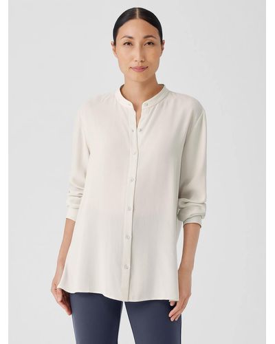 Eileen Fisher Silk Georgette Crepe Band Collar Shirt - White