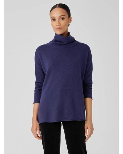 Eileen Fisher Cotton And Recycled Cashmere Turtleneck Long Top - Blue