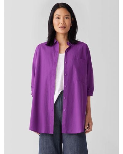 Eileen Fisher Washed Organic Cotton Poplin Classic Collar Long Shirt - Purple