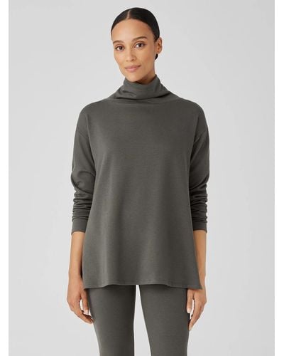 Eileen Fisher Cozy Brushed Terry Hug Funnel Neck Long Top - Gray