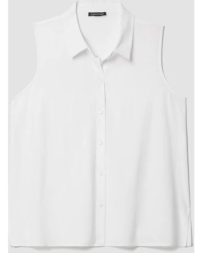 Eileen Fisher Silk Georgette Crepe Classic Collar Sleeveless Shirt - White