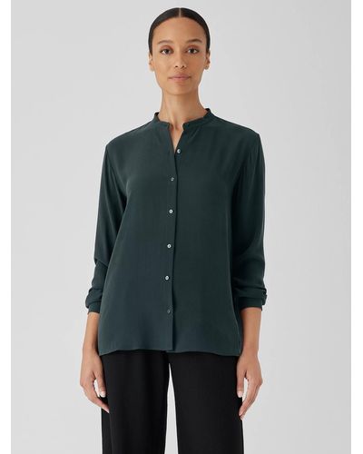Eileen Fisher Silk Georgette Crepe Mandarin Collar Shirt - Green