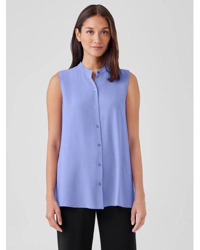 Eileen Fisher Silk Georgette Crepe Sleeveless Shirt - Blue