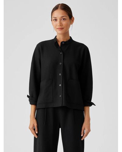 Eileen Fisher Boiled Wool Jersey Mandarin Collar Shirt Jacket - Black