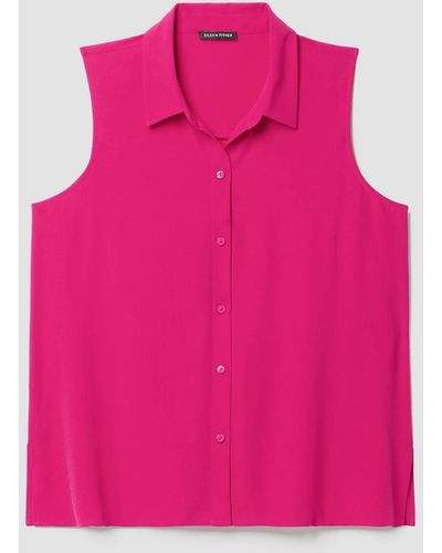 Eileen Fisher Silk Georgette Crepe Classic Collar Sleeveless Shirt - Pink