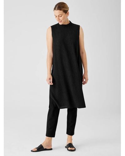Eileen Fisher Woven Plisse Mock Neck Dress - Black