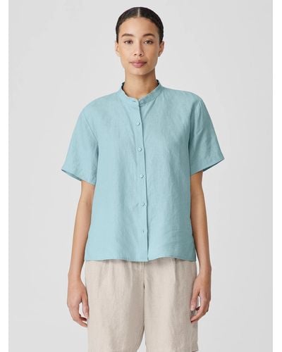 Eileen Fisher Organic Handkerchief Linen Band Collar Short-sleeve Shirt - Blue