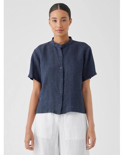 Eileen Fisher Washed Organic Linen Délavé Band Collar Shirt - Gray