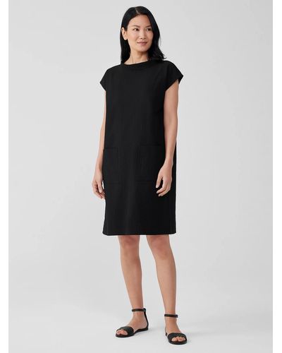 Eileen Fisher Organic Cotton Pucker Mock Neck Dress - Black