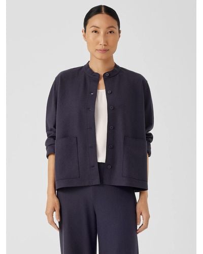 Eileen Fisher Boiled Wool Jersey Mandarin Collar Shirt Jacket - Blue