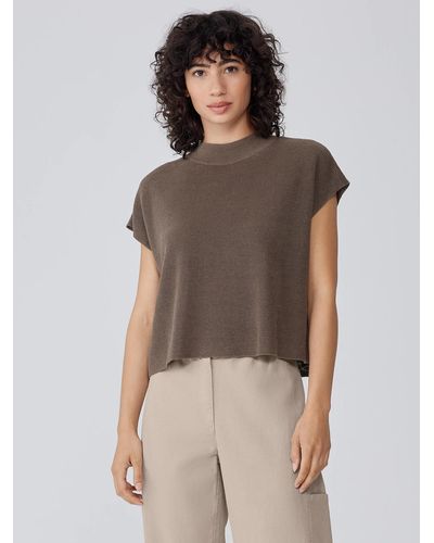 Eileen Fisher Organic Linen Cotton Mock Neck Top - Brown