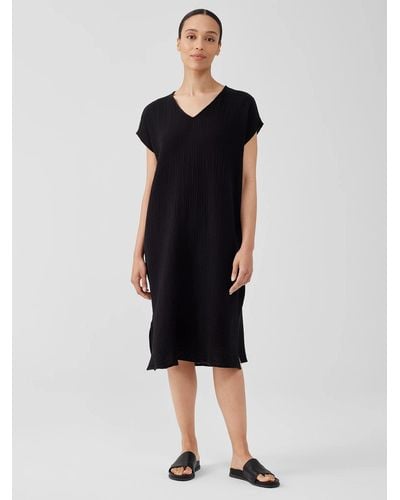 Eileen Fisher V Neck Cap Sleeve Cotton Dress - Black