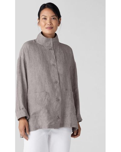 Eileen Fisher Washed Organic Linen Delave Stand Collar Jacket - Blue