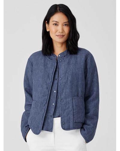 Eileen Fisher Washed Organic Linen Delave Stand Collar Jacket - Blue