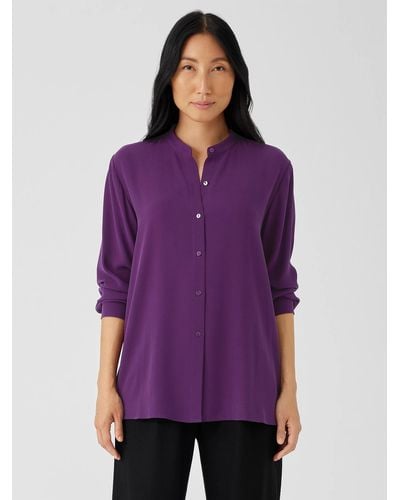 Eileen Fisher Silk Georgette Crepe Mandarin Collar Shirt - Purple