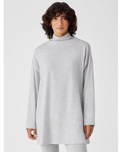 Eileen Fisher Cozy Brushed Terry Hug Funnel Neck Top - White