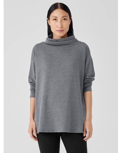 Eileen Fisher Cozy Brushed Terry Hug Funnel Neck Long Top - Gray