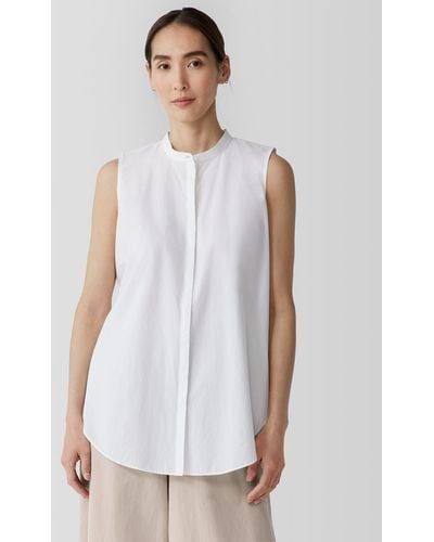 Eileen Fisher Washed Organic Cotton Poplin Band Collar Shirt - White