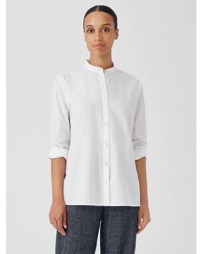 Eileen Fisher Washed Organic Cotton Poplin Band Collar Shirt - White