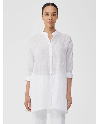 Eileen Fisher Linen Cotton Sheer Check Mandarin Collar Long Shirt - White
