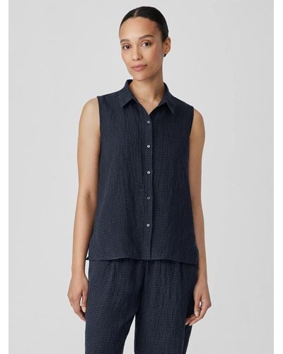 Eileen Fisher Puckered Organic Linen Sleeveless Shirt - Blue
