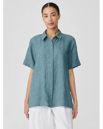 Eileen Fisher Washed Organic Linen Délavé Short-sleeve Shirt - Blue