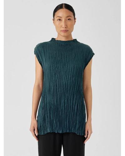 Eileen Fisher Crushed Cupro Funnel Neck Long Top - Green