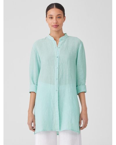 Eileen Fisher Garment-dyed Handkerchief Linen Mandarin Collar Long Shirt - Green