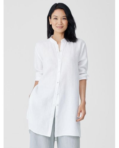 Eileen Fisher Washed Organic Cotton Poplin Mandarin Collar Long Shirt - White